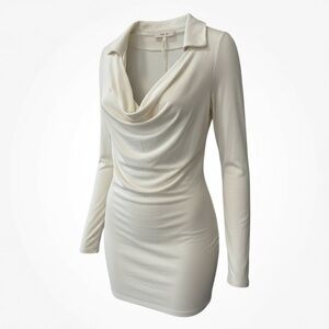 Free People Ribbed Cream Cowl Drape Neck Fitted Stretch Mini Dress size M